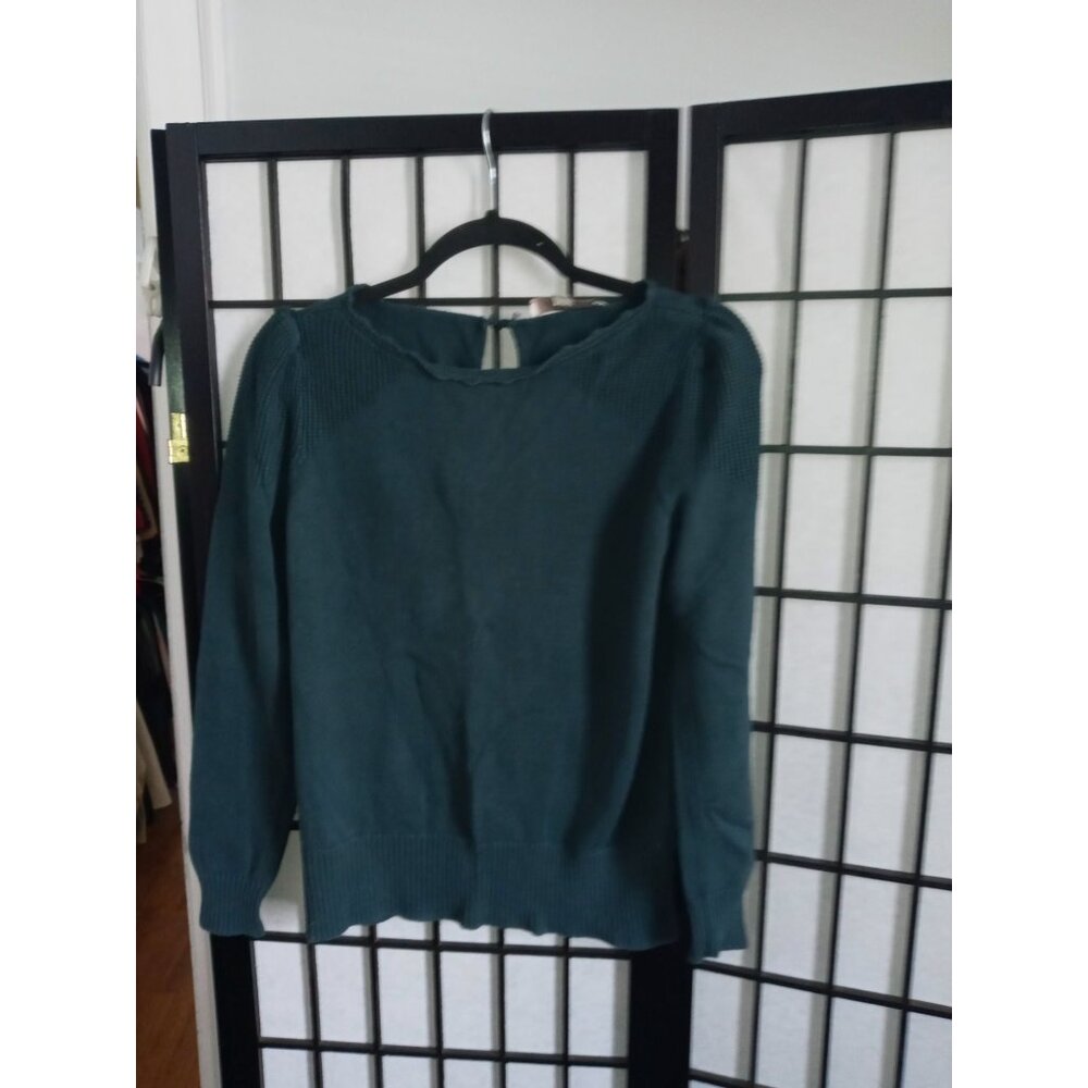 Loft Knit Top Dark Green Size Small Boat Neck Balloon Sleeve Classic Pullover
